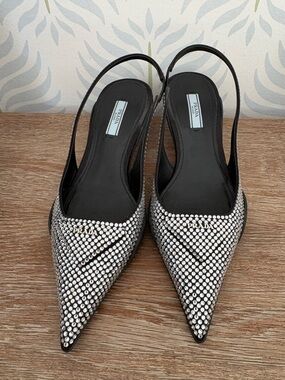 Prada Black Crystal-Studded Pointed Toe Slingback Kitten Heels - Worn 3 Times